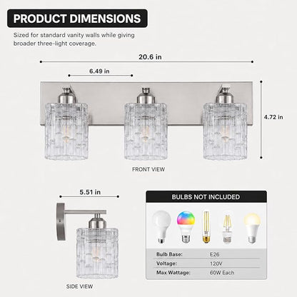 3-Light Crystal Bathroom Vanity Light Over Mirror, Nickel Modern Wall Light Fixture for Bathroom, Living Room, Bedroom, Hallway