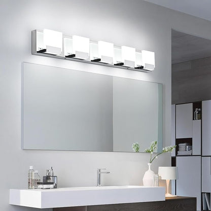 5 Light Bathroom Vanity Light - LED Chrome Vantiy Lights for Bathroom - Modern Bath Room Light Fixture 6000K Cool Whtie