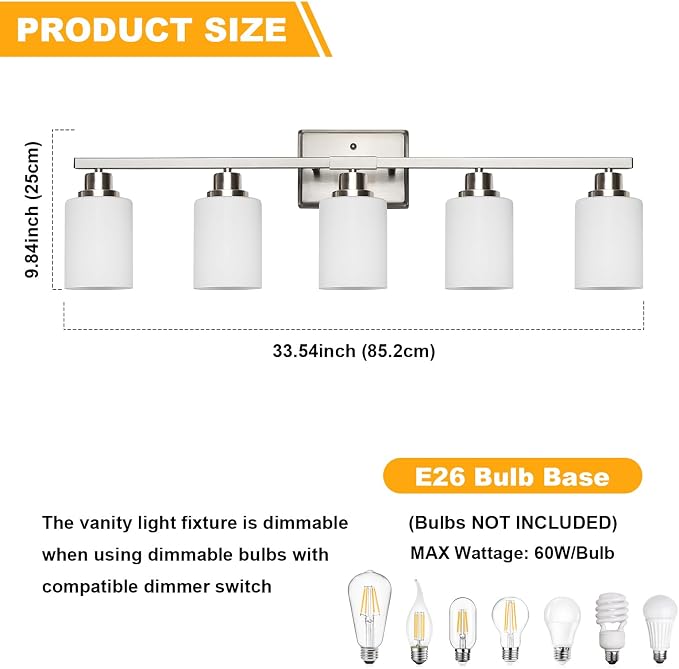 Unicozin 5-Light Bathroom Light Fixtures, Modern Brushed Nickel Vanity Light Over Mirror, Wall Sconces with Milky White Glass Shades for Living Room Bedroom Hallway E26 Base