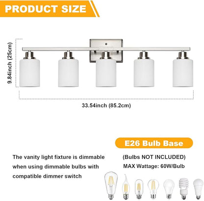 Unicozin 5-Light Bathroom Light Fixtures, Modern Brushed Nickel Vanity Light Over Mirror, Wall Sconces with Milky White Glass Shades for Living Room Bedroom Hallway E26 Base