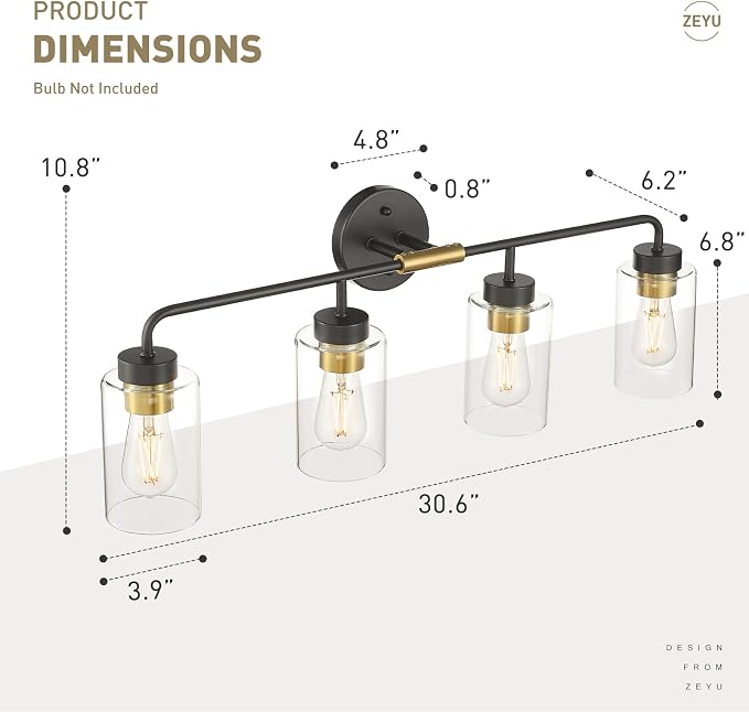 zeyu Farmhouse 4-Light Bathroom Vanity Light, 30 Inch Bathroom Lights Over Mirror, Black and Gold Finish with Clear Glass, ZS62B-4W BK+BG