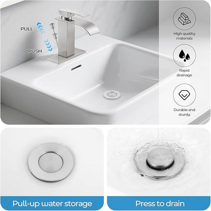 Brushed Nickel Bathroom Faucet with Lift Rod Drain, Waterfall Bathroom Sink Faucet Modern Single Handle Bathroom Faucte 1 or 3 Hole, RV Mixer Tap Vanity Faucet Washbasin Faucet with Deck