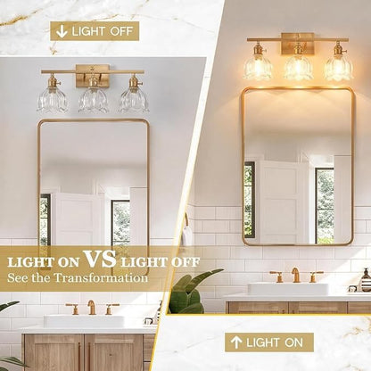 3-Light Vintage Bathroom Vanity Light, 19.4" Brass Hardwired Wall Sconce with Amber Tulip Glass Shades, Brushed Gold Vanity Light for Mirror, Restroom, Bedroom (Clear, 3-Light)