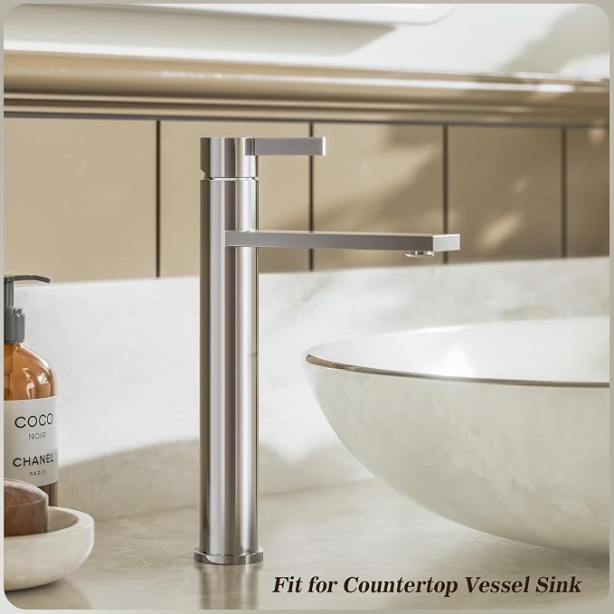 Chrome Tall 1 Hole Bathroom Vessel Sink Faucet, Single Hole Single Handle Modern Bathroom Faucet, with Pop Up Drain and Water Supply Line, FH02-C-V