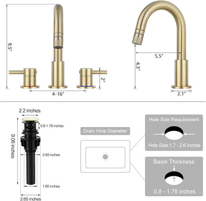 FGKQ Brushed Gold Bathroom Faucet 3 Hole with Pull Down Sprayer 2 Modes, Pull Down Bathroom Sink Faucet with Pop Up Drain, 8 Inch Widespread Bathroom Faucet