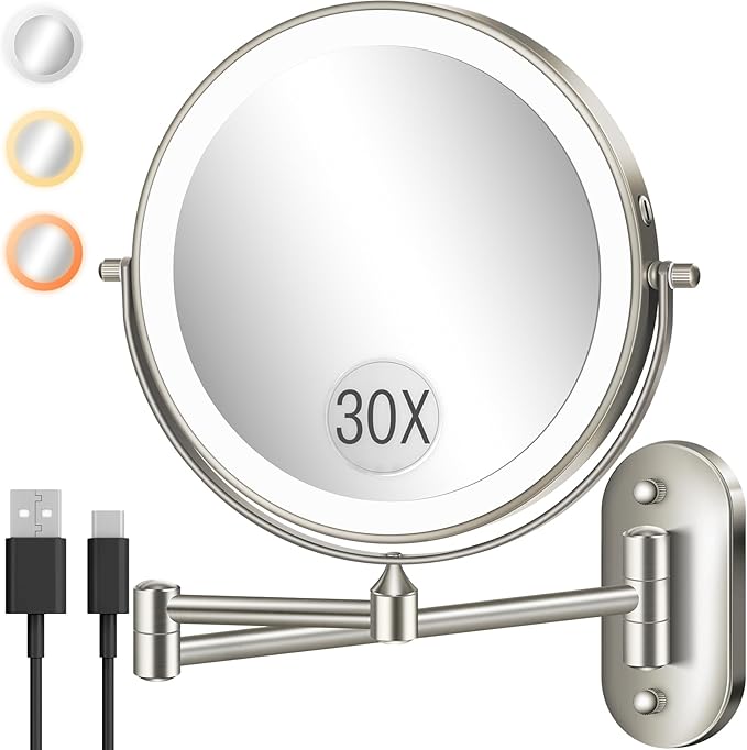 30X/1X 8 Inch Wall Mounted Magnifying Makeup Mirror with Light for Bathroom | Double Sided 3500mAh Rechargeable LED Lighted Vanity Mirror with Magnification 3 Color Light up Extended Arm 360 Rotation