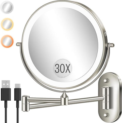 30X/1X 8 Inch Wall Mounted Magnifying Makeup Mirror with Light for Bathroom | Double Sided 3500mAh Rechargeable LED Lighted Vanity Mirror with Magnification 3 Color Light up Extended Arm 360 Rotation