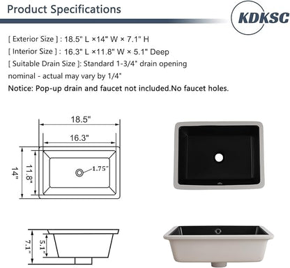 18 Inch Undermount Bathroom Sink Black Rectangular with Overflow | Porcelain Ceramic Matte Black Vanity Basin (18.5"x14.0")
