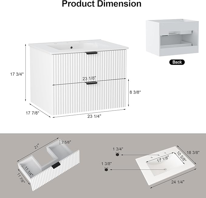 24 inch Bathroom Vanity with Sink, Floating Bathroom Vanity, Wall Mounted Modern Vanity with Ceramic Sink & Soft-Close Drawers, Floating Storage Cabinet with Sink for Small Space, White