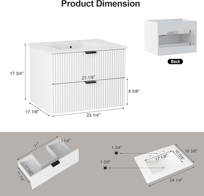 24 inch Bathroom Vanity with Sink, Floating Bathroom Vanity, Wall Mounted Modern Vanity with Ceramic Sink & Soft-Close Drawers, Floating Storage Cabinet with Sink for Small Space, White