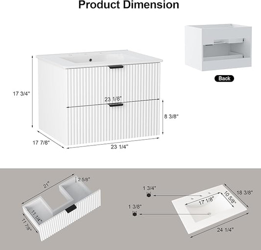 24 inch Bathroom Vanity with Sink, Floating Bathroom Vanity, Wall Mounted Modern Vanity with Ceramic Sink & Soft-Close Drawers, Floating Storage Cabinet with Sink for Small Space, White