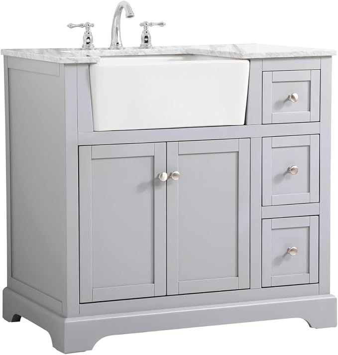 36" Pre-Assembled Bathroom Vanity with Sink, Solid Birch and MDF, Carrara White Marble Countertop Attached, Single Rectangle Porcelain Sink, 3 Soft-Close Drawers, Grey