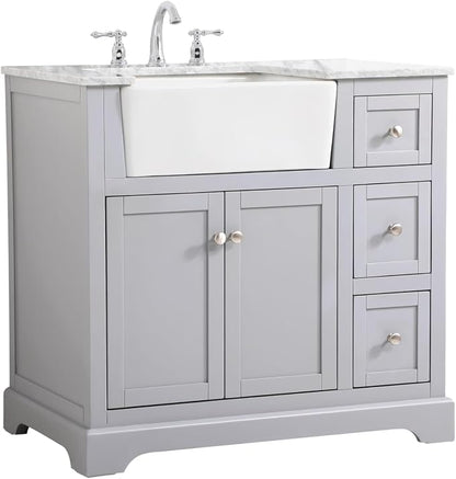 36" Pre-Assembled Bathroom Vanity with Sink, Solid Birch and MDF, Carrara White Marble Countertop Attached, Single Rectangle Porcelain Sink, 3 Soft-Close Drawers, Grey