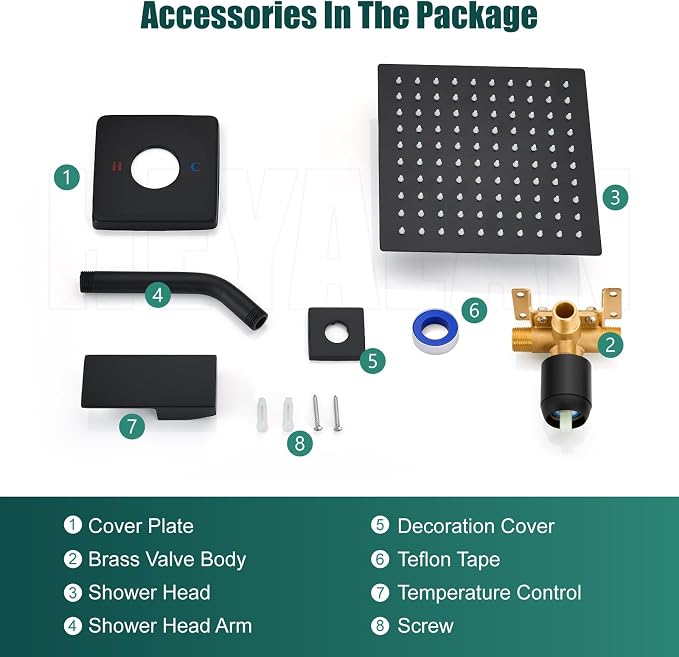 Heyalan 8-Inch Square Rain Shower Faucet Set with Valve, Matte Black | SUS304 stainless steel shower head, male NPT 1/2-inch valve, single-handle control, adjustable angle, 1.8 GPM