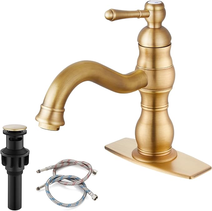 gotonovo Bathroom Faucet 1 Hole Vintage,Antique Brass,7.1” Spout Reach | Bathroom Sink Faucet for 1 or 3 Hole Single Handle,Deck Plate,360° Swivel Spout,Pop Up Drain,cUPC Supply Hoses,for Vanity RV