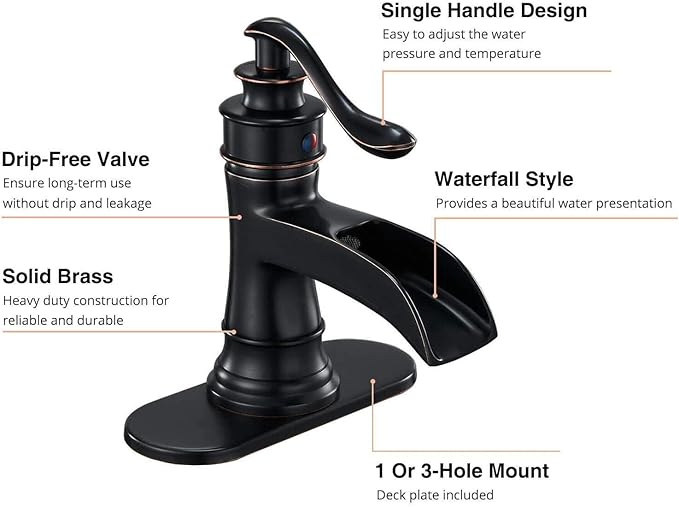 Waterfall Bathroom Faucet Oil Rubbed Bronze Sink with Pop Up Drain Stopper Faucets Single Hole Rustic Vanity Farmhouse Overflow One Handle Bath Black Commercial Assembly by Homevacious