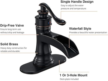 Waterfall Bathroom Faucet Oil Rubbed Bronze Sink with Pop Up Drain Stopper Faucets Single Hole Rustic Vanity Farmhouse Overflow One Handle Bath Black Commercial Assembly by Homevacious
