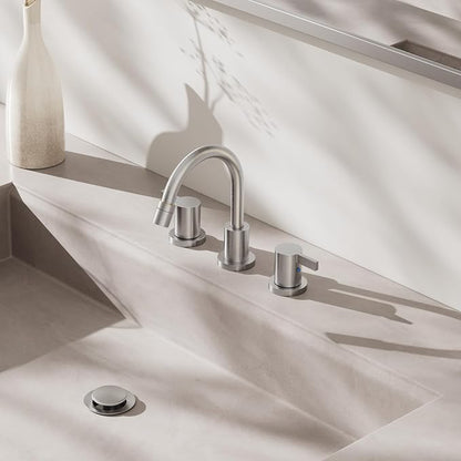 Pull Down Sprayer Brushed Nickel Widespread Bathroom Sink Faucet, 8 Inch 2 Handles 3 Hole Pull Out Bathroom Faucet,with Pop Up Drain and Water Supply Line,BF04022-K01-GBN