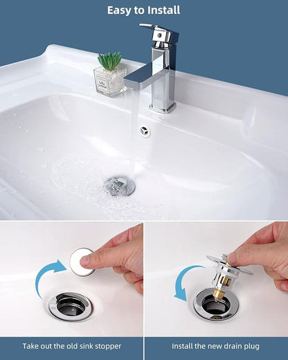 Hibbent All Metal Universal Bathroom Sink Stopper for 1.1''~2.3'' Basin, Pop Up Sink Drain Strainer, Brass Bullet Core Push Type Stopper, Stainless Steel Anti Clogging Drain Filter, Chrome