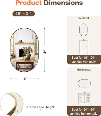16"x24" Matte Black Oval Bathroom Mirror for Over Sink, Vanity Mirror | Aluminum Alloy Frame, Clear Reflection, Rust-Resistant, Vertical or Horizontal, Wall Mount, Bedroom and Entryway