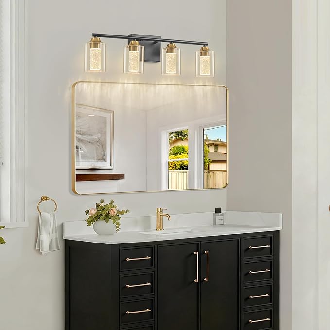 4-Light Black & Gold Bathroom Vanity Light with 3 Color Modes (3000K/4000K/6000K), Dimmable Modern Wall Light Over Mirror with Clear Glass Shade