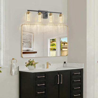 4-Light Black & Gold Bathroom Vanity Light with 3 Color Modes (3000K/4000K/6000K), Dimmable Modern Wall Light Over Mirror with Clear Glass Shade