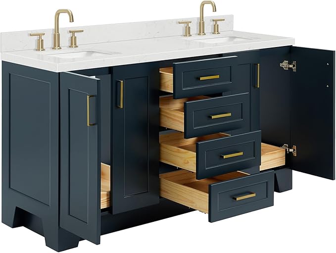 ARIEL Taylor 66-inch Bathroom Vanity with Sink,Solid Wood, 1.5-inch Carrara White Quartz Countertop, Double Rectangular Porcelain Sink, 4 Soft Closing Doors, 5 Dovetail Drawers, Midnight Blue