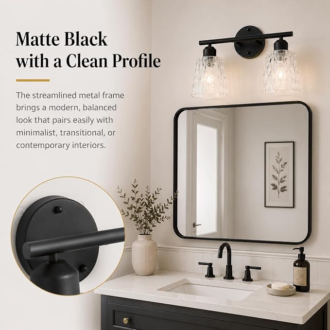 Black Bathroom Vanity Light Over Mirror, 2-Light Wall Mount Fixture with Textured Glass Shades, Stainless Steel Bar Design, E26 Base Sockets (Bulbs Not Included)
