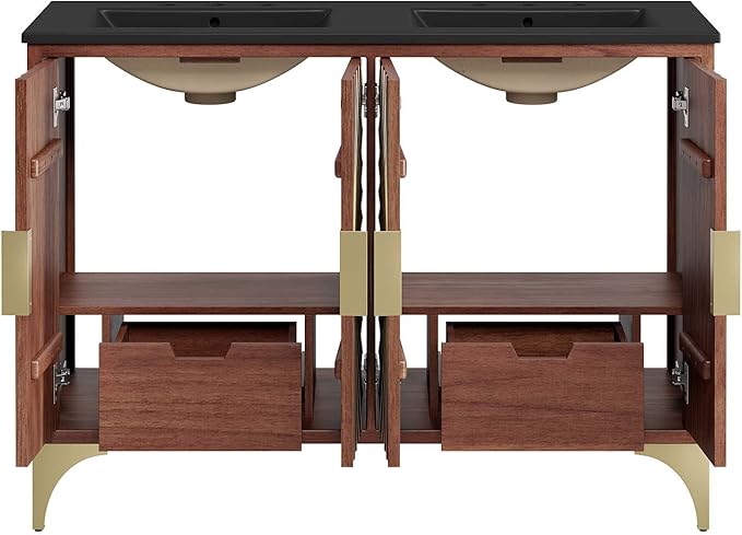 Modway Daylight Bathroom Vanity Cabinet with Ceramic Basin, 48" Double Sink, Black Walnut