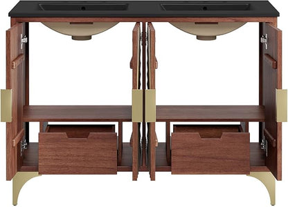 Modway Daylight Bathroom Vanity Cabinet with Ceramic Basin, 48" Double Sink, Black Walnut