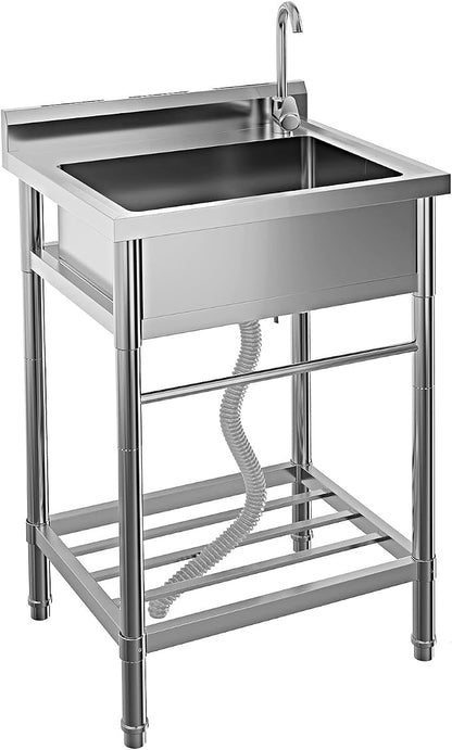 Free Standing Utility Sink, 24" Single Bowl Stainless Steel Commercial Kitchen Sink with Cold and Hot Water Pipe, for Indoor & Outdoor | Free Standing Utility Sink with Cold and Hot Water Pipe, for Kitchen, Laundry