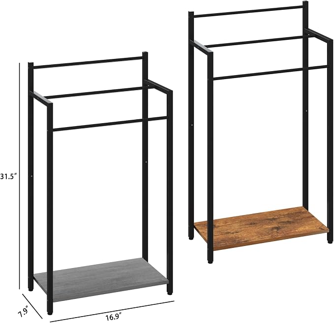16.9" W Freestanding Towel Rack with Oak Grey Wood Shelf | 3 Tier Blanket Ladder Stand for Bathroom Living Room, Metal Frame,31.5"H x 16.9"W x7.9"D
