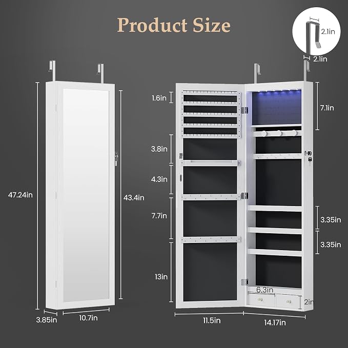 DUMOS 6 LEDs Mirror Jewelry Organizer, Jewelry Armoire Cabinet, 47.2 Inch | Hanging Door or Wall Mounted Mirror, Lockable, Large Capacity Cosmetic Storage, 2 Drawers, Gift Idea, Cream