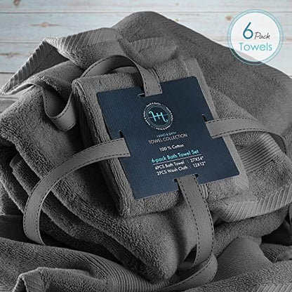Hearth & Harbor Bath Towels for Bathroom - 100% Ring Spun Cotton Luxury Bathroom Towels - Ultra Soft & Highly Absorbent, Bath Towels Set of 6 - Dark Gray