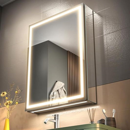 LED Lighted Bathroom Medicine Mirror Cabinet with Sockets & USBs, Anti-Fog Dimmable Light and Color Adjustment, Easy to Install Aluminum Cabinet (20 * 28 Left Hinge)