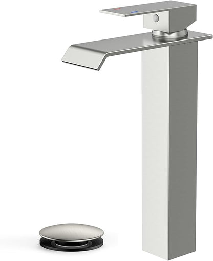 Forious Vessel Bathroom Sink Faucets 1 Hole Brushed Nickel, Tall Waterfall Bathroom Faucet Single Handle with Pop Up Drain and Supply Lines, Deck Mount