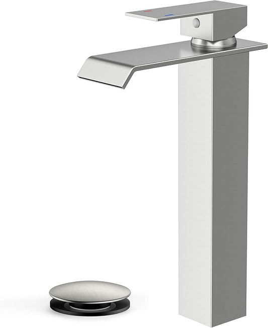 Forious Vessel Bathroom Sink Faucets 1 Hole Brushed Nickel, Tall Waterfall Bathroom Faucet Single Handle with Pop Up Drain and Supply Lines, Deck Mount