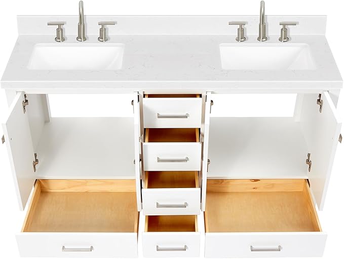 ARIEL Cambridge 60-inch Bathroom Vanity with Sink,Solid Wood, 1.5-inch Carrara White Quartz Countertop, Double Rectangular Porcelain Sink, 4 Soft Closing Doors, 6 Dovetail Drawers, White