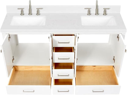 ARIEL Cambridge 60-inch Bathroom Vanity with Sink,Solid Wood, 1.5-inch Carrara White Quartz Countertop, Double Rectangular Porcelain Sink, 4 Soft Closing Doors, 6 Dovetail Drawers, White