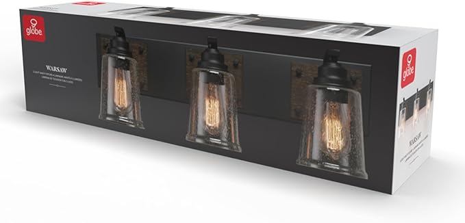 Globe Electric 51852 3-Light Vanity Light, Bathroom Wall Fixture, Matte Black and Dark Faux Wood Finish, Clear Seeded Glass Shades, E26 Base, Dimmable
