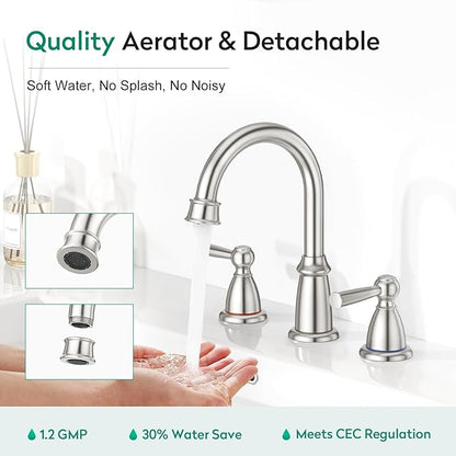 CREA 2 Handles Bathroom Faucet 3 Hole,8 Inch Widespread Bathroom Faucets with Pop Up Drain for Sink Overflow,3 Pieces Brushed Nickel Faucet for Bathroom Vanity Basin Mixer Tap(cPUC Supply Line)