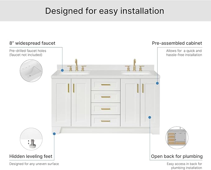 ARIEL Taylor 66-inch Bathroom Vanity with Sink,Solid Wood, 1.5-inch Carrara White Quartz Countertop & Backsplash, Double Rectangular Porcelain Sink, 4 Soft Closing Doors, 5 Dovetail Drawers, White
