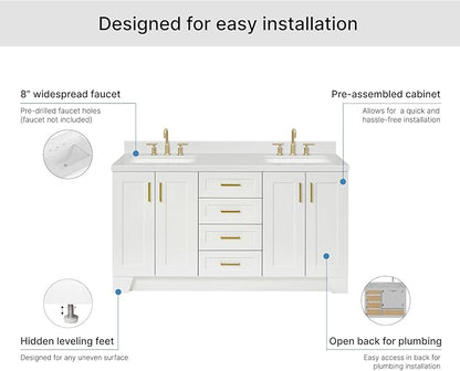 ARIEL Taylor 66-inch Bathroom Vanity with Sink,Solid Wood, 1.5-inch Carrara White Quartz Countertop & Backsplash, Double Rectangular Porcelain Sink, 4 Soft Closing Doors, 5 Dovetail Drawers, White