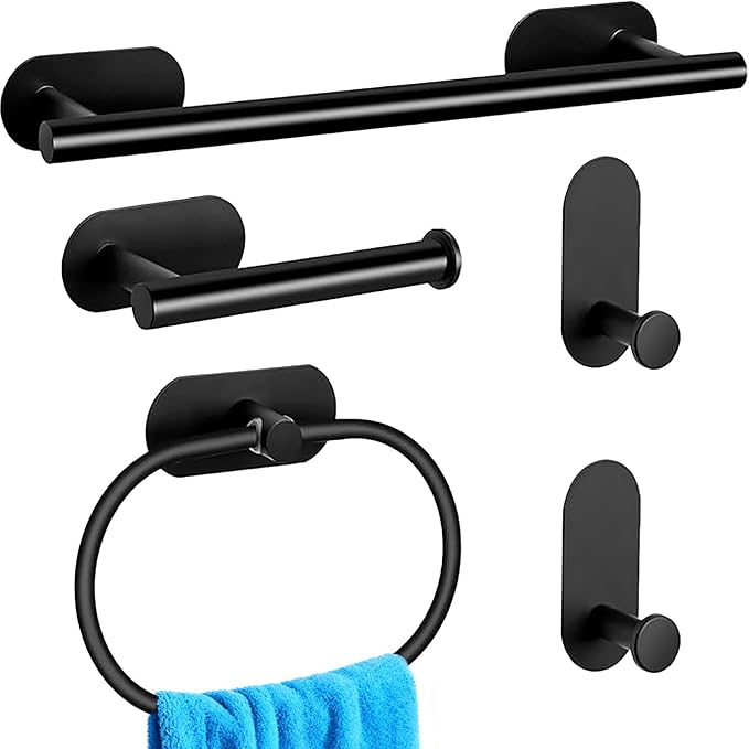 Bathroom Hardware Set, 16" Bathroom Towel Holder with Toilet Paper Holder, Towel Ring, Towel Hook, Bathroom Accessories for Kitchens, Laundry Rooms (5, Black)