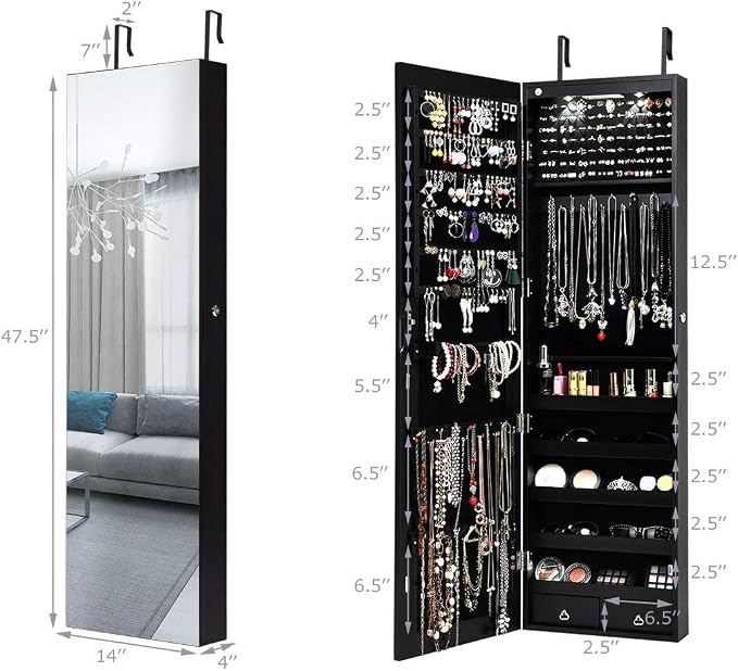 Byroce 47.5''H Jewelry Armoire, Over the Door/Wall Mounted, Full Length Mirror with Jewelry Storage, 2-LED Lockable Jewelry Cabinet with 2 Drawers, Hanging Jewelry Organizer for Bedroom (Black)