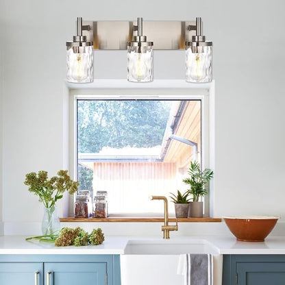 3 Light Bathroom Vanity Lighting Fixtures,Brushed Nickel VanityLighting with Clear Hammered Shade Wall Sconce Lighting Modern Farmhouse Bath Lighting
