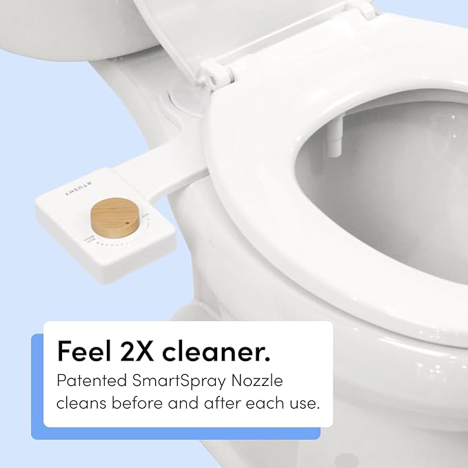 TUSHY Fresh Cool Water Bidet: Ultra Slim Toilet Seat Attachment (Non-Electric Self-Cleaning Hygienic Nozzle) Easy DIY Install <10 Min (Adjustable Water Pressure Control), Matte Brass Knob