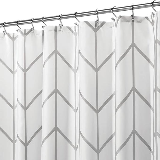 mDesign Fabric Geometric Shower Curtain - Herringbone Chevron Print with Reinforced Buttonholes for Master/Guest Bathroom - Machine Washable & Water Resistant Curtains, 72" x 72", Gray/White