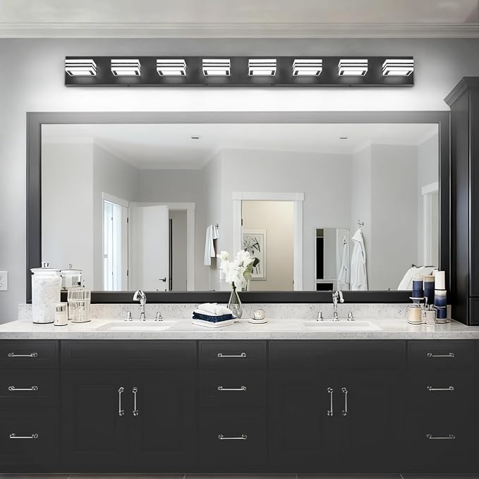 SOLFART 52inch Black Vanity Lights Fixtures - 8 Lights LED Modern Acrylic Matte Black Vanity Lights Bathroom Wall Lighting Over Mirror
