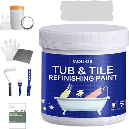 Tub and Tile Refinishing Kit with Tools, 35oz White Tile Paint Water Based & Low Odor, DIY Bathtub Paint, Easy to Use for Bathroom, Kitchen, Porcelain, Floor, 50-60sq.ft（Light Grey）